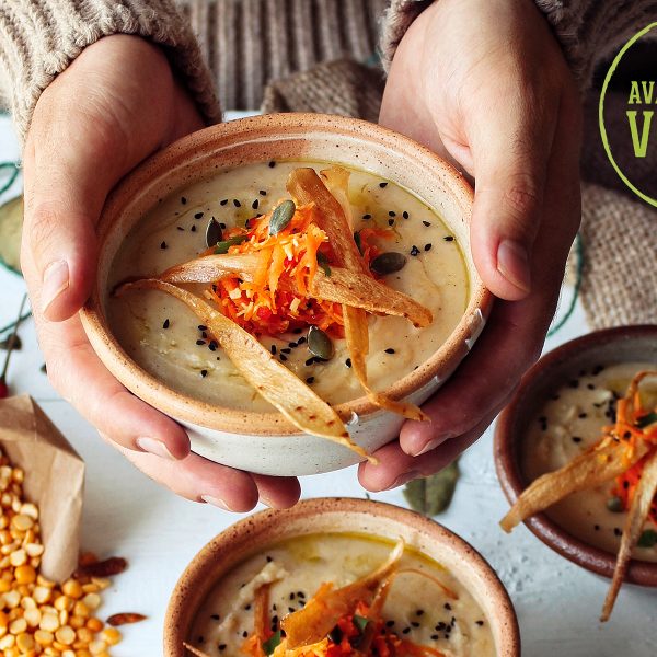 Parsnip Lentil and Coconut Dhal with Carrot Salad and Crispy Parsnip