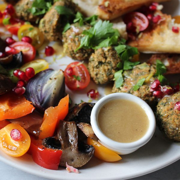 Kale & Lemon Falafel with Roasted Veggies, Tahini Sauce & Grilled Ciabatta