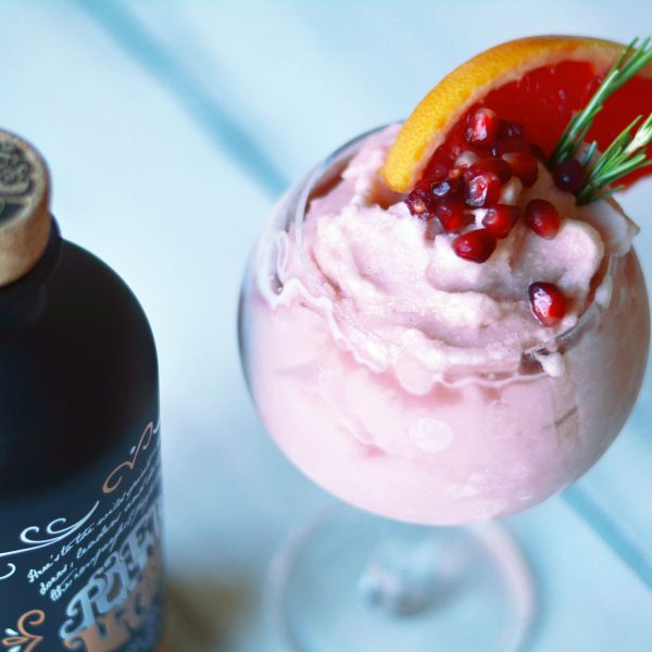 No Churn Pink Grapefruit, Pomegranate, and Rosemary Gin Sorbet
