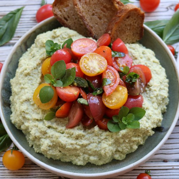 Basil Almond Ricotta with crushed tomatoes & bruschetta