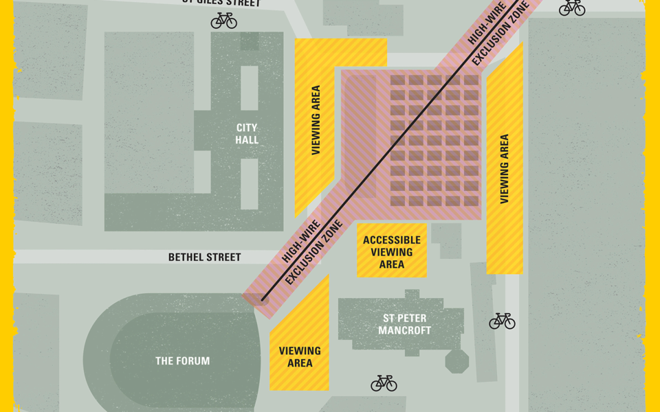 A map of the Market, Forum & City Hall indicating viewing areas for the Norfolk & Norwich Festival 2019 launch.