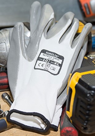 Gloves, Nylon, Nitrile Grip, Nitrile Coated, Grey, 12 Pairs Per Pack