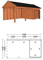 Trendhout | Buitenverblijf zadeldakschuur L 7400 mm | Combinatie 4