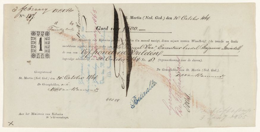 Wisselbrief-schadeloosstelling-afschaffing-slavernij-1863-in-Sint-Maarten252c-Ministerie-van-Koloniën252c-1863-Collectie-Rijksmuseum