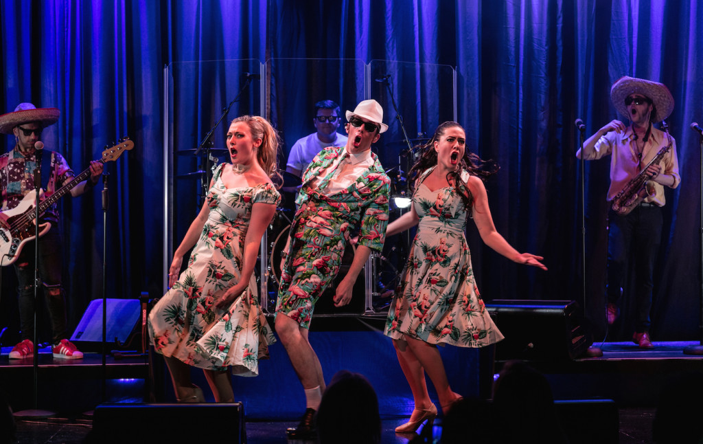 Hannah Kee (Stax Sister), Joshua Mumby (Elwood Blues), & Helen Hart (Stax Sister) - The Blues Brothers - The Hippodrome - Photo By Darren Bell (1224)