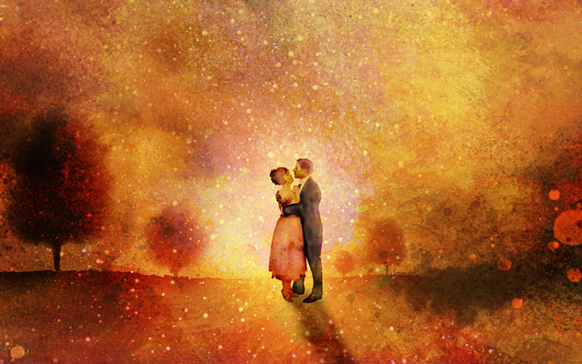 A couple in a landscape scene embrace in front of a sunset in an illustrated image