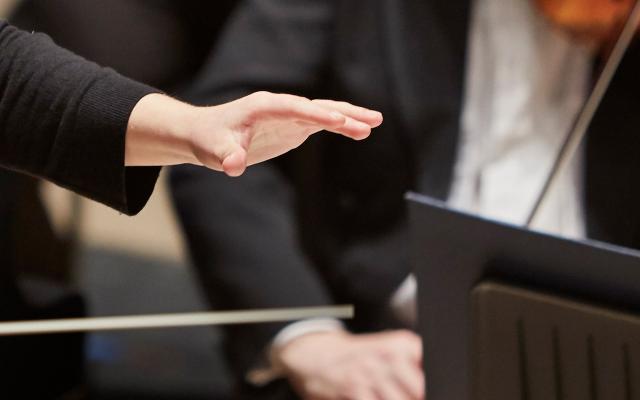 Female hands, one holding a conductor's baton, with a string section visible in the backgroundbaton,