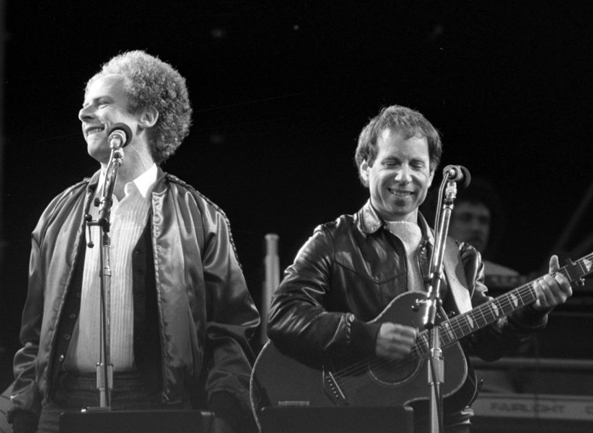 Simon and Garfunkel performing at the Feijenoord Stadion, Rotterdam, the Netherlands in 1982