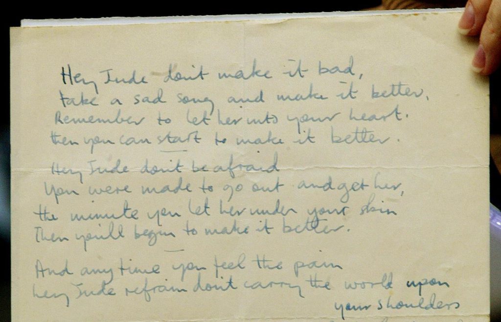 Handwritten lyrics of Hey Jude