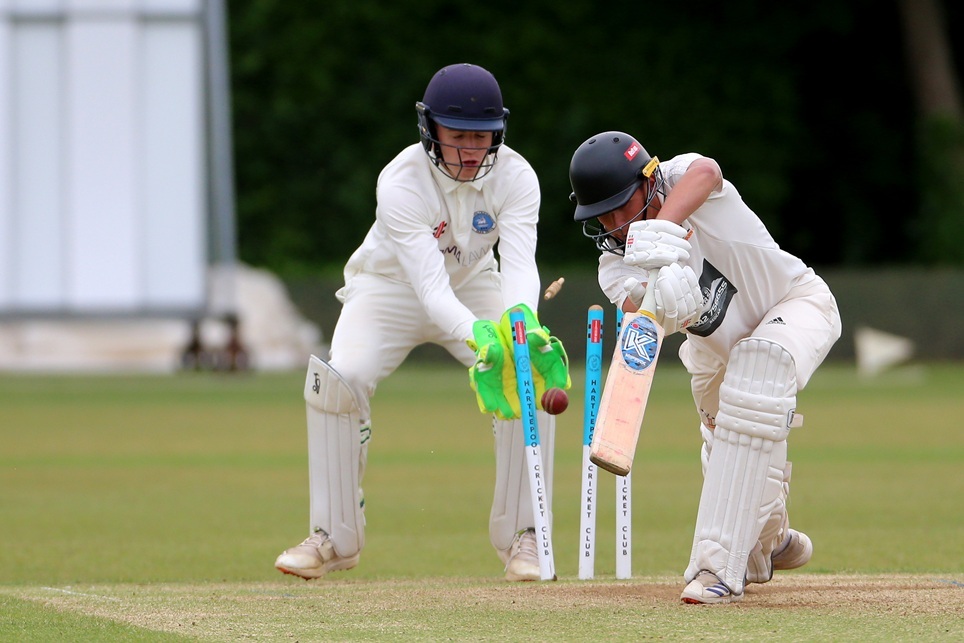 Ollie Stewart loses his off stump to Harsha Vithana to conclude the Saltburn innings pic: Mark Fletcher  MI News and Sport