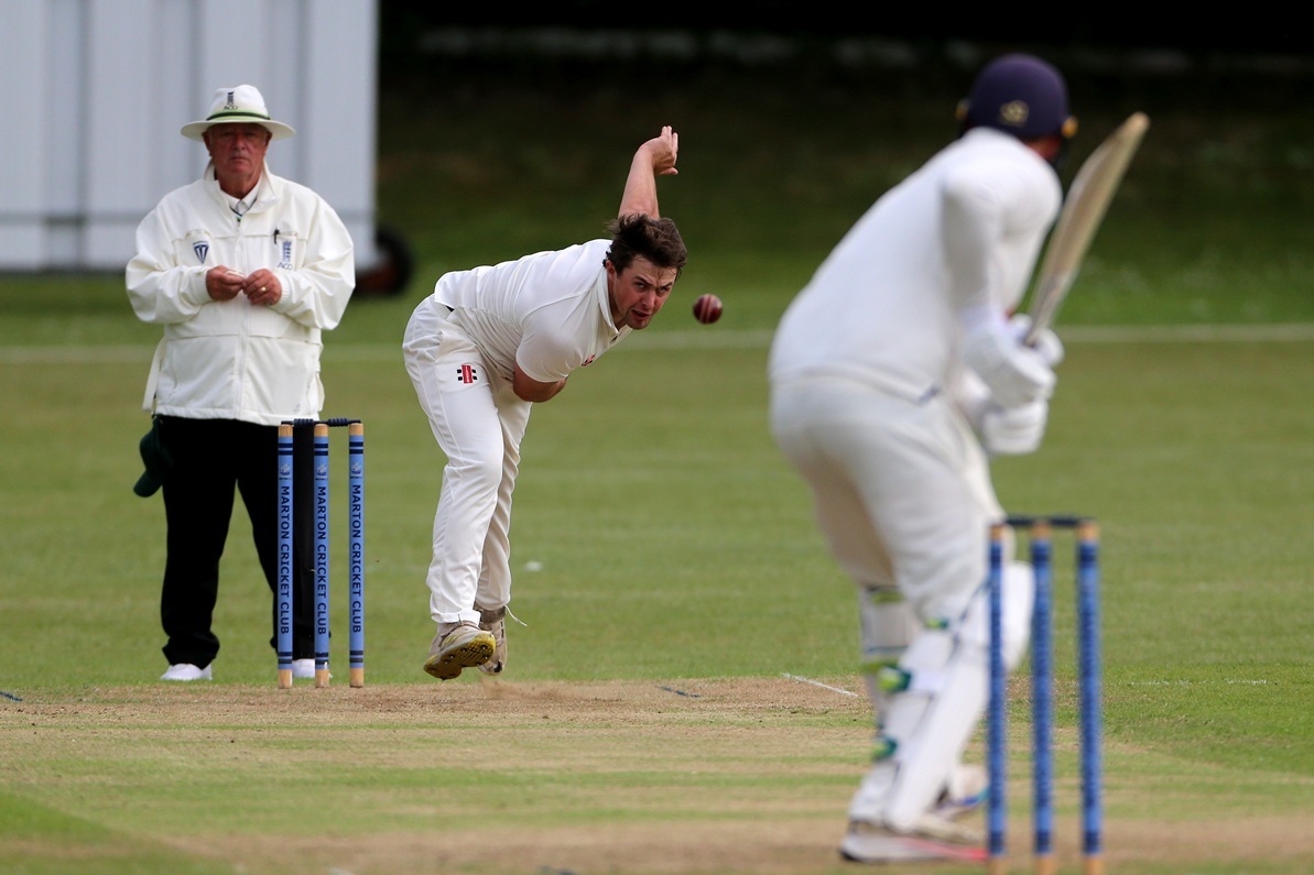 Stockton's Jake Dickinson fires one down to Ryan Gibson in his side's defeat on Saturday pic: Mark Fletcher MI News and Sport