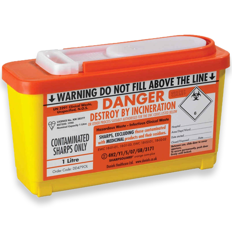 Orange 1L sharps bin P&A Medical Ltd