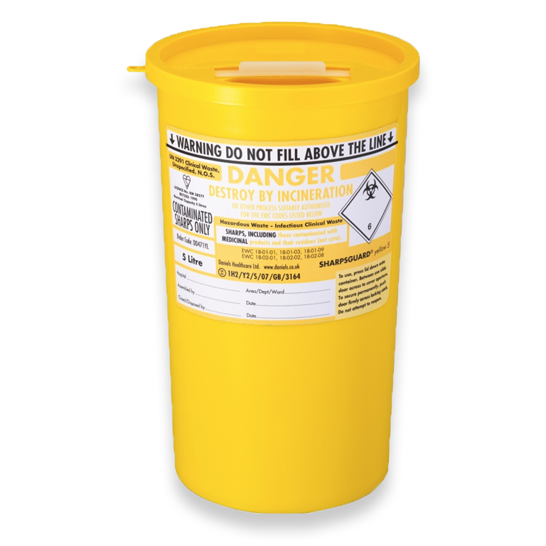 Yellow 5L sharps bin P&A Medical Ltd
