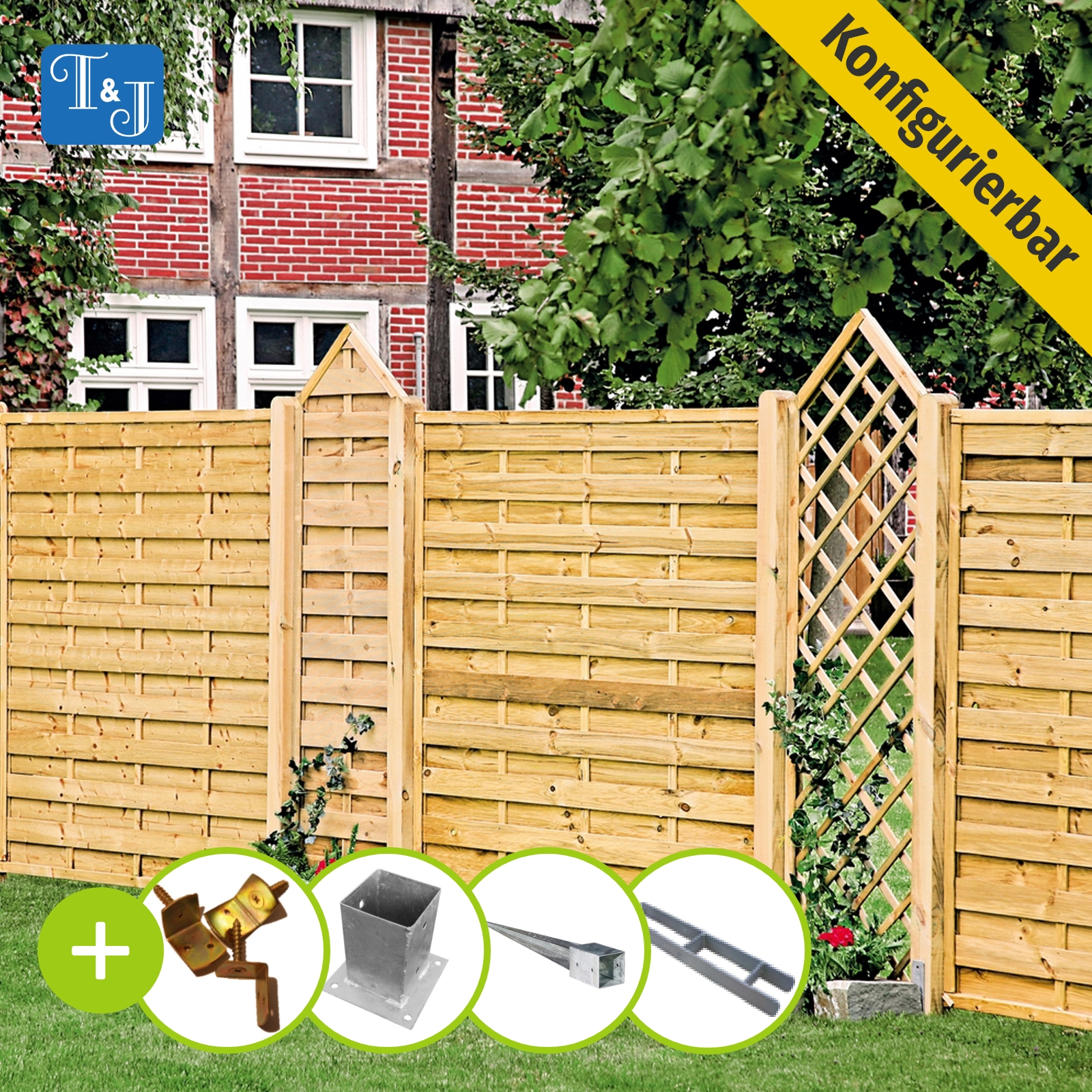 T&J Zaun Komplettset Sichtschutzzaun Lamellenzaun Gartenzaun Fichte