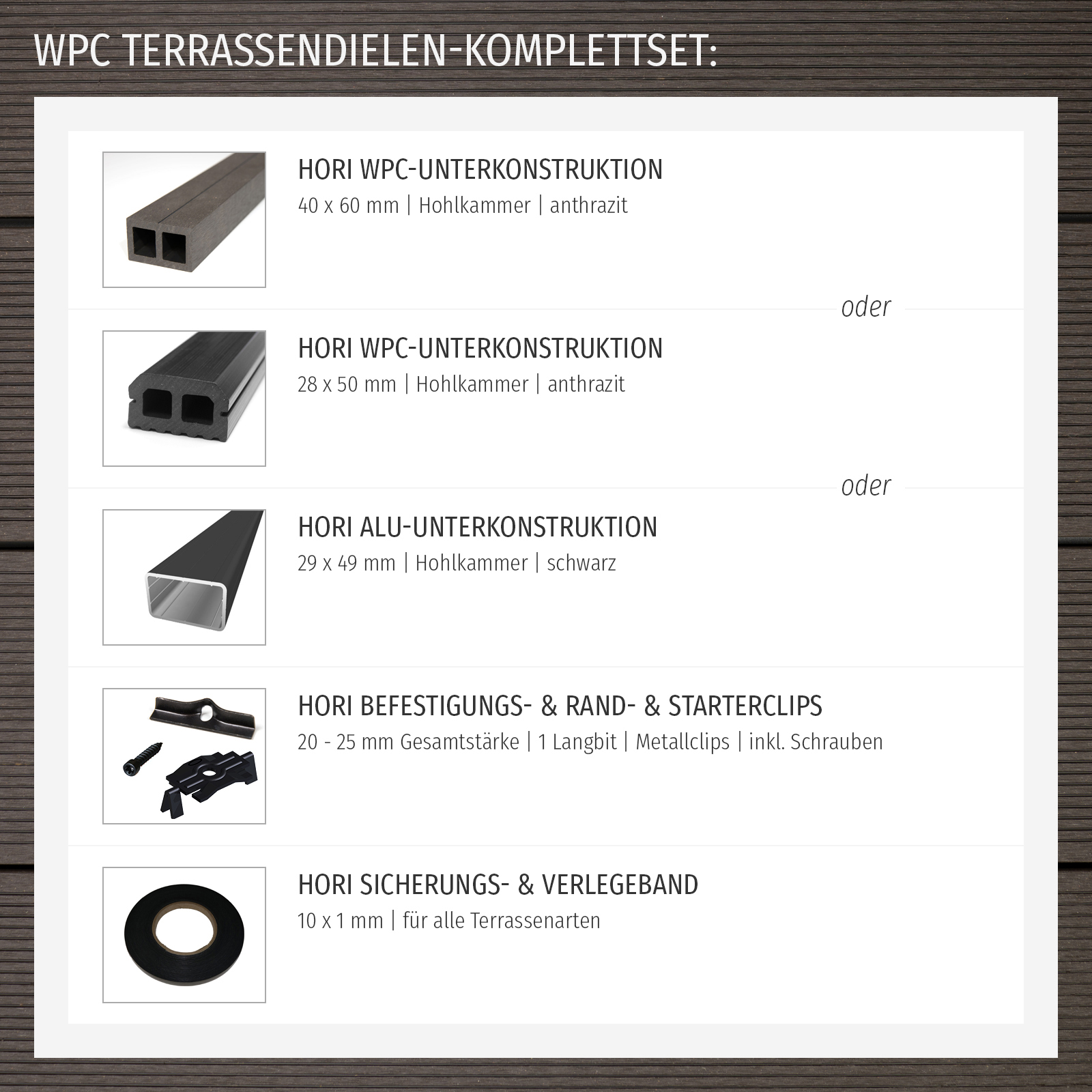 WPC BPC Terrassendiele HORI Hohlkammer braun Komplettset Komplettbausatz 5-78 m²