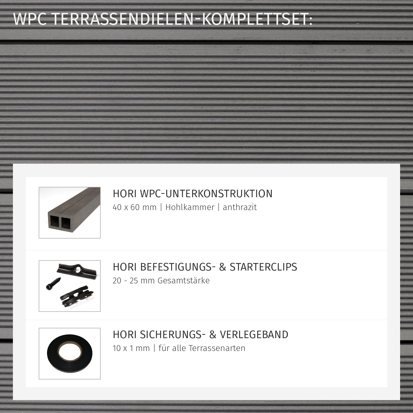 28x50 mm Unterkonstruktion /& Clips I Dielenl/änge 5,40 m I Fl/äche 34 m/² HORI/® WPC-Terrassendielen Malta anthrazit I Komplett-Set inkl