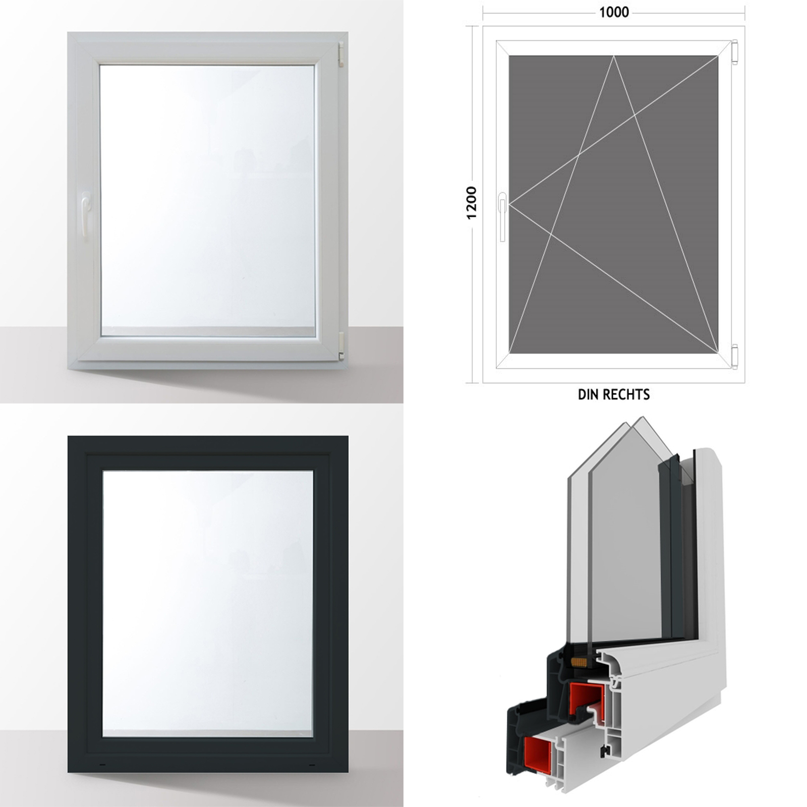 Details zu Fenster Kunststofffenster Kellerfenster Dreh Kipp 2 Fach RAL7016 anthrazit 2022 Versandhandel