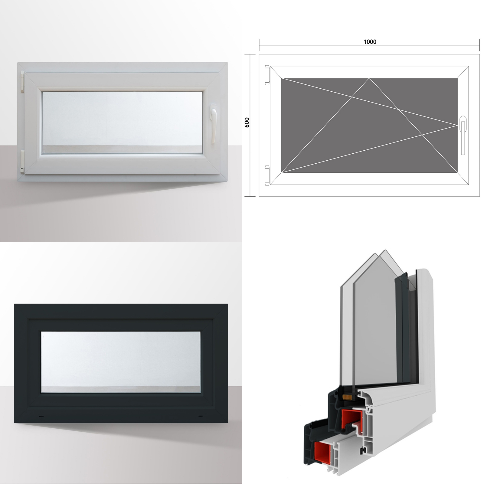 Details zu Fenster Kunststofffenster Kellerfenster Dreh Kipp 2 Fach RAL7016 anthrazit 2022 Versandhandel