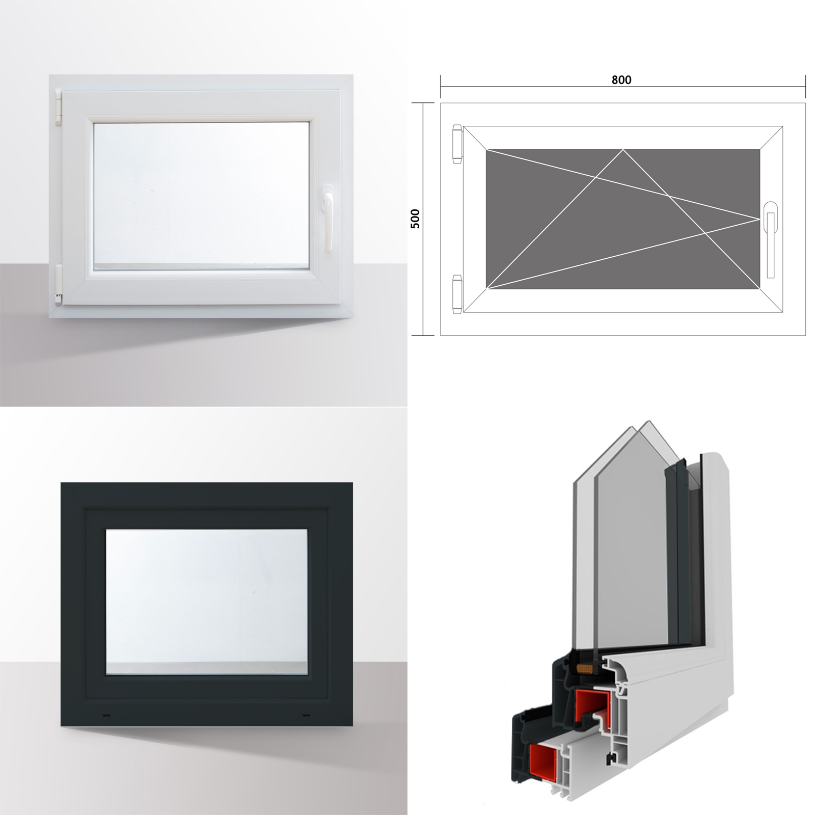 Details zu Fenster Kunststofffenster Kellerfenster Dreh Kipp 2 Fach RAL7016 anthrazit 2022 Versandhandel