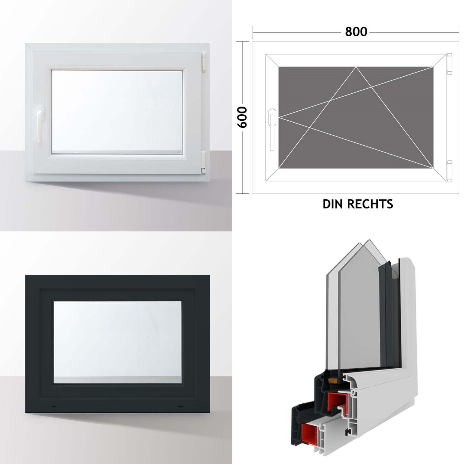 Details zu Fenster Kunststofffenster Kellerfenster Dreh Kipp 2 Fach RAL7016 anthrazit 2022 Versandhandel
