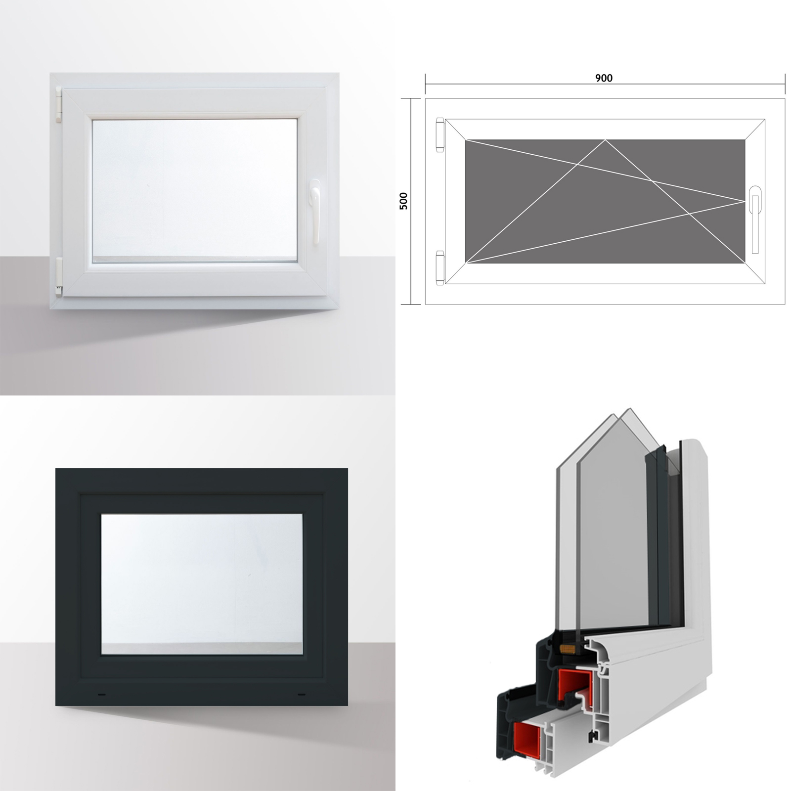 Details zu Fenster Kunststofffenster Kellerfenster Dreh Kipp 2 Fach RAL7016 anthrazit 2022 Versandhandel