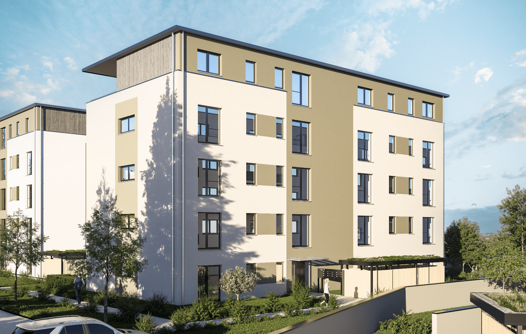 Rückansicht des Stadtgarten Amberg mit Balkonen und begrüntem Außenbereich