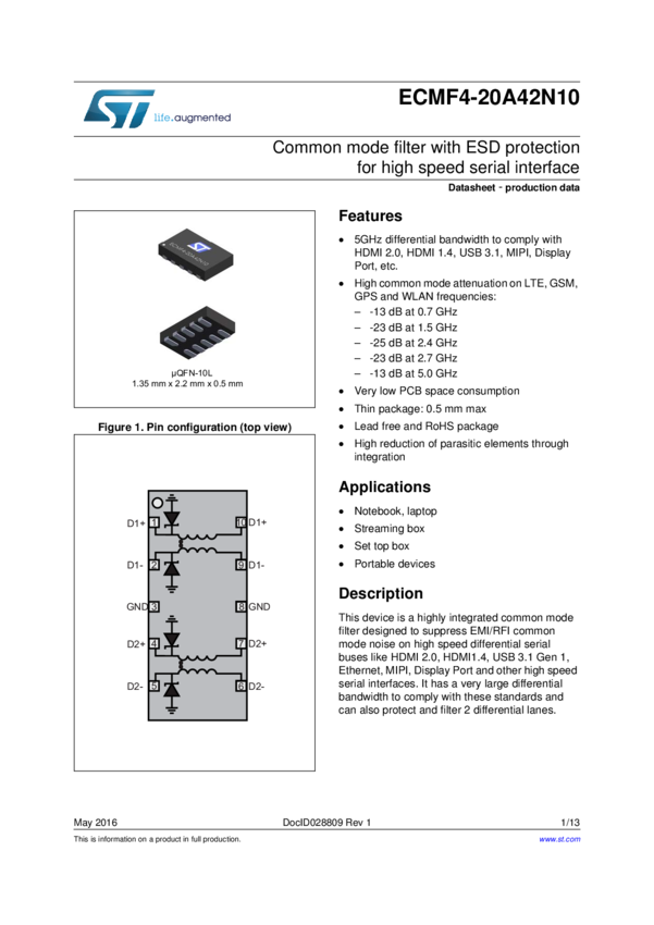 Common mode filter with ESD protection » ECMF420A42N10 Datasheet PDF
