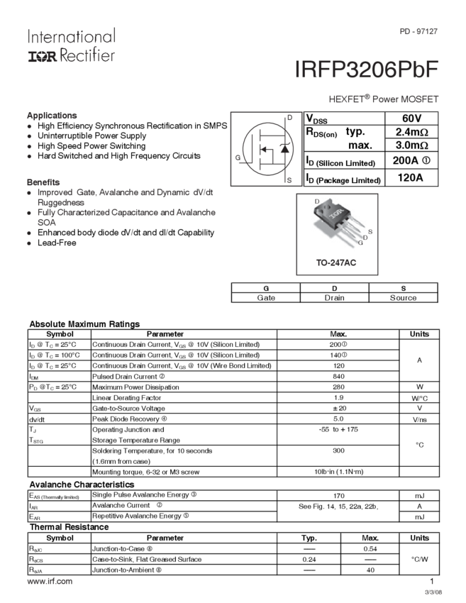 N-Channel 31-75V Transistor » IRFP3206 Datasheet PDF » Nota katalogowa ...