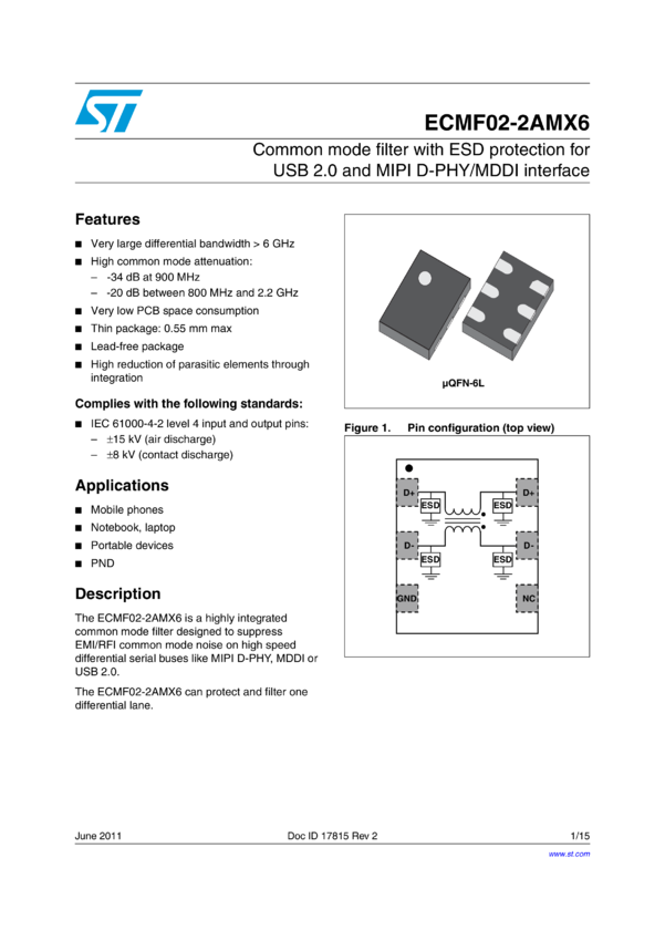 Commonmode filter and ESD protection for USB 2.0 and MIPI/MDDI