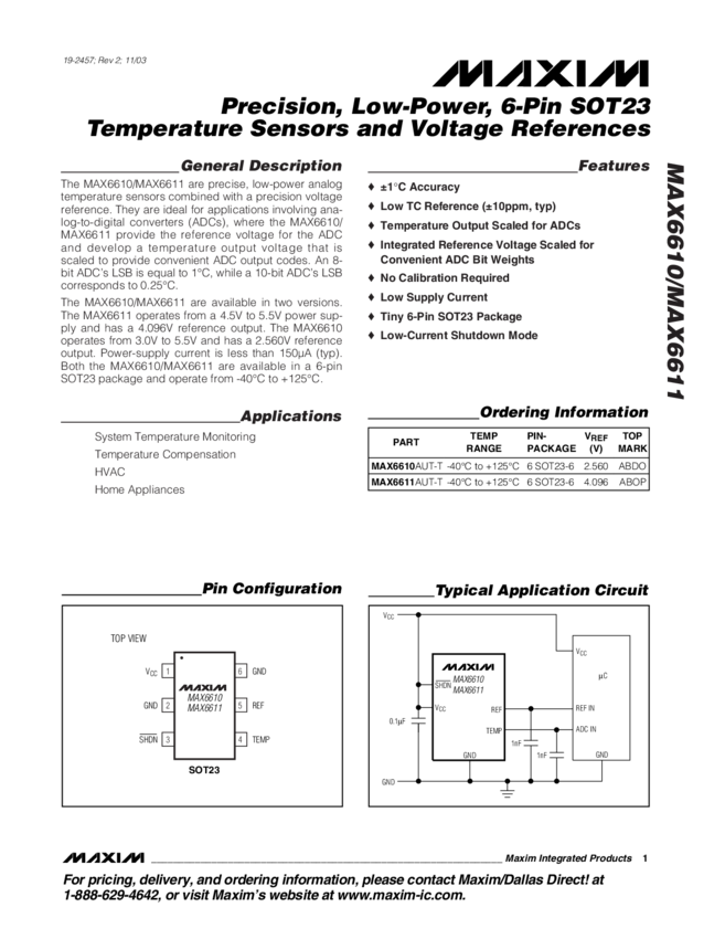 Precision, LowPower, SOT23 Temperature Sensor and Voltage Reference » MAX6611 Datasheet PDF