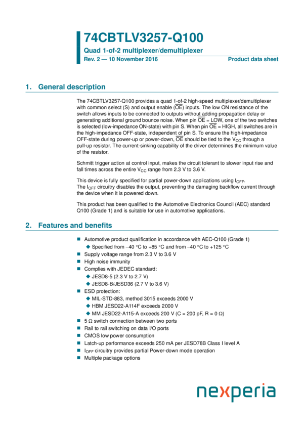 Quad 1of2 multiplexer/demultiplexer » 74CBTLV3257BQQ100 Datasheet