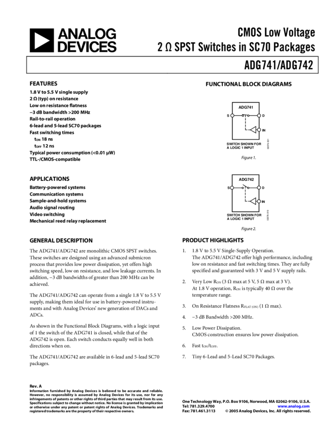 CMOS Low Voltage SPST (NO) Switch in SC-70 Package » ADG741 Datasheet ...