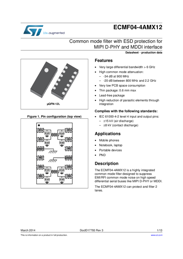 Commonmode filter and ESD protection for MIPI DPHY and MDDI