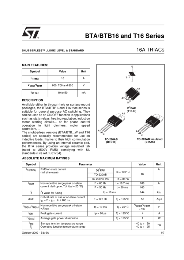 BTB16-600BW Datasheet PDF » Nota katalogowa | elecena.pl - wyszukiwarka ...