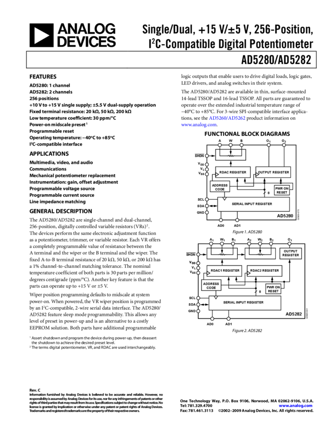 Single/Dual, +15 V/±5 V, 256-Position, IC-Compatible Digital ...
