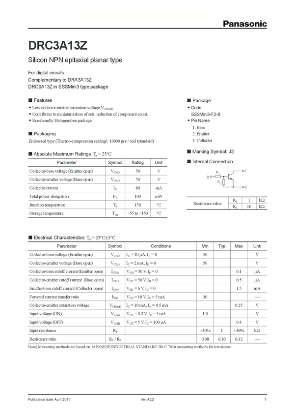 Transistor with Built-in Resistors (IC = 80 mA Series) » DRC3A13Z ...
