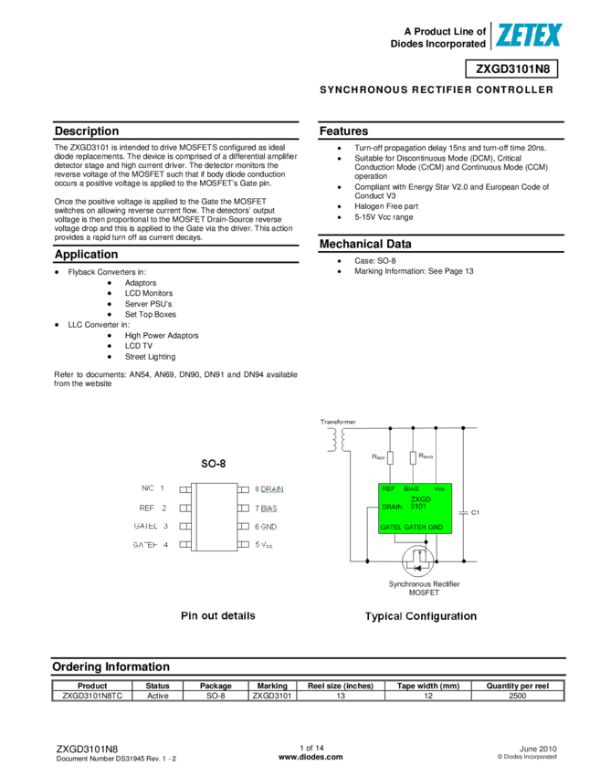 SYNCHRONOUS RECTIFIER CONTROLLER » ZXGD3101N8 Datasheet PDF » Nota