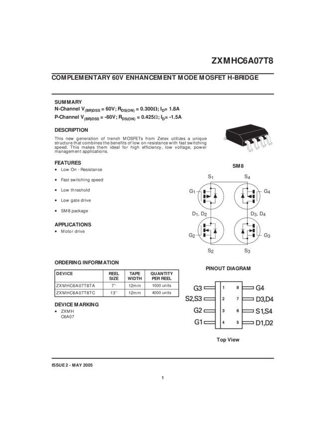 COMPLEMENTARY 60V ENHANCEMENT MODE MOSFET HBRIDGE » ZXMHC6A07T8