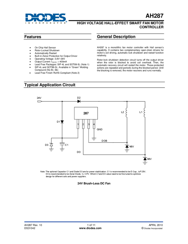 HIGH VOLTAGE HALL-EFFECT SMART FAN MOTOR CONTROLLER » AH287 Datasheet ...