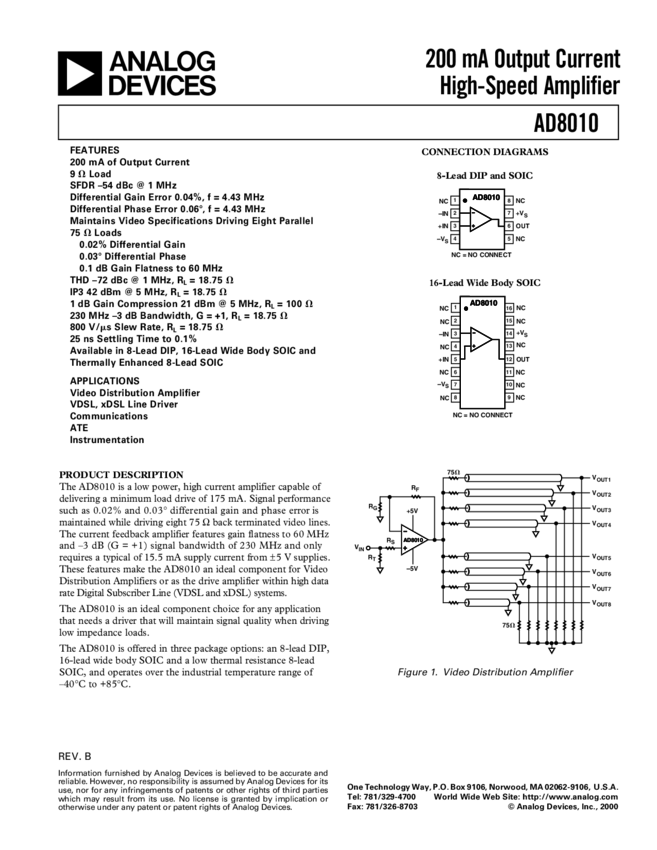 Low Power, High Current Distribution Amplifier » AD8010 Datasheet PDF ...