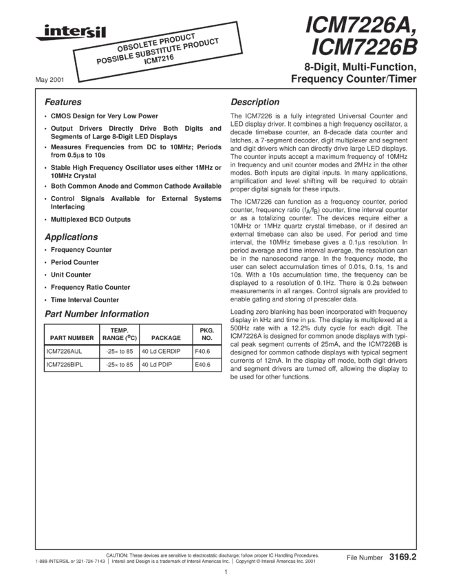 8Digit, MultiFunction, Frequency Counter/Timer » ICM7226A Datasheet