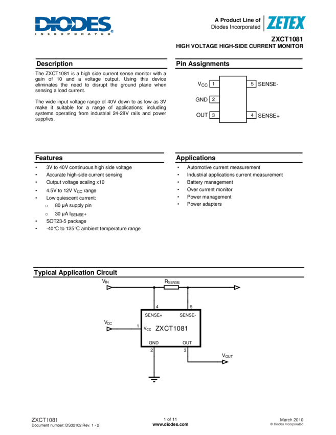 HIGH VOLTAGE HIGH SIDE CURRENT MONITOR » ZXCT1081 Datasheet PDF » Nota