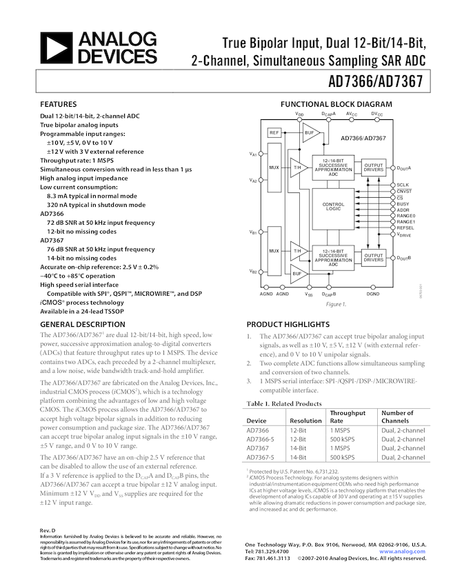 True Bipolar Input, Dual 12Bit, 2Channel, Simultaneous Sampling SAR