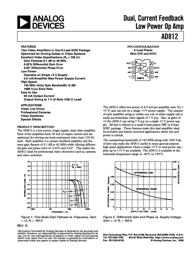 Dual, Current Feedback Low Power Op Amp » AD812 Datasheet PDF » Nota ...