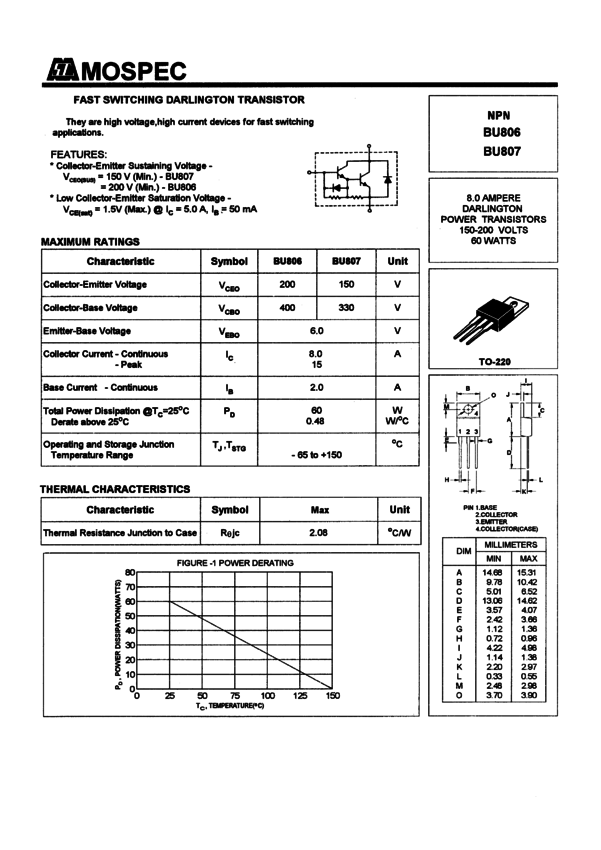 Tranzystor krzemowy NPN BU807 » BU807 Datasheet PDF » Nota katalogowa ...