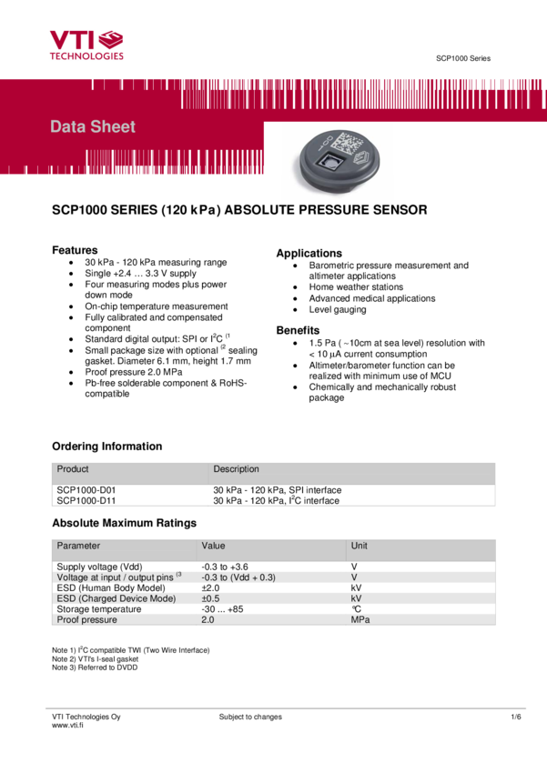 SCP1000-D01 Datasheet PDF » Nota katalogowa | elecena.pl - wyszukiwarka ...