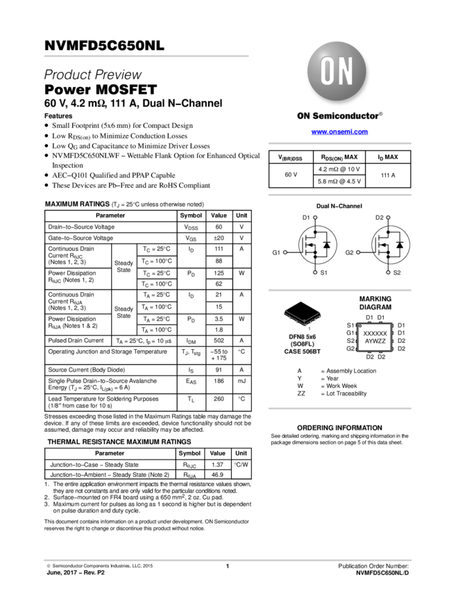 Power MOSFET 60V, 111A, 4.2 mOhm, Dual N-Channel, SO8-FL, Logic Level ...