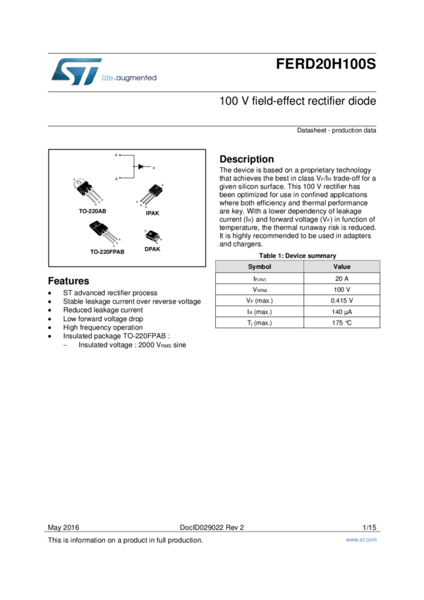 100 V fieldeffect rectifier diode » FERD20H100S Datasheet PDF » Nota