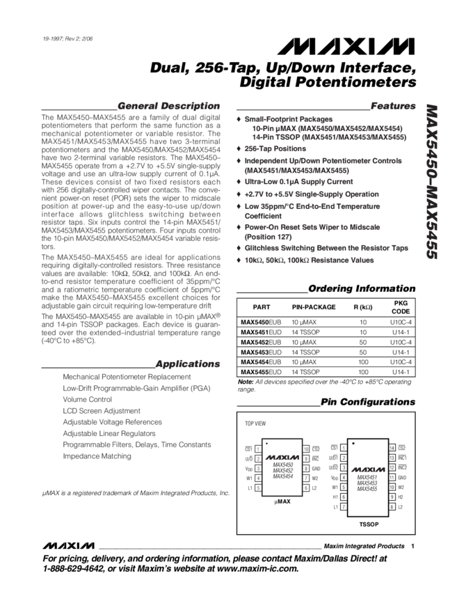 Dual, 256Tap, Up/Down Interface Digital Potentiometers » MAX5455