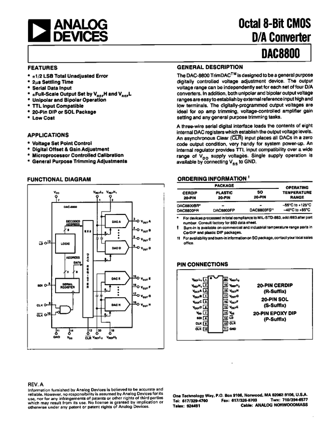 Octal 8Bit D/A Converter » DAC8800 Datasheet PDF » Nota katalogowa